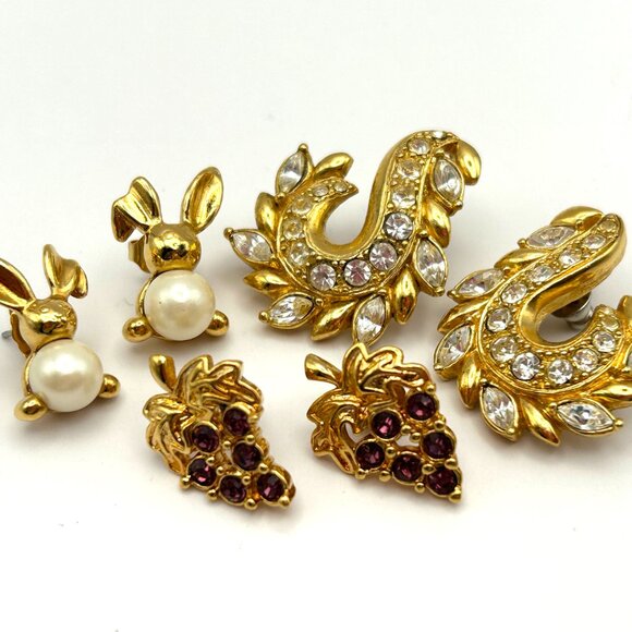 Vintage AVON 3 Pair Rhinestone Pierced Earrings Gold Tone 1990s Bundle - Picture 4 of 9